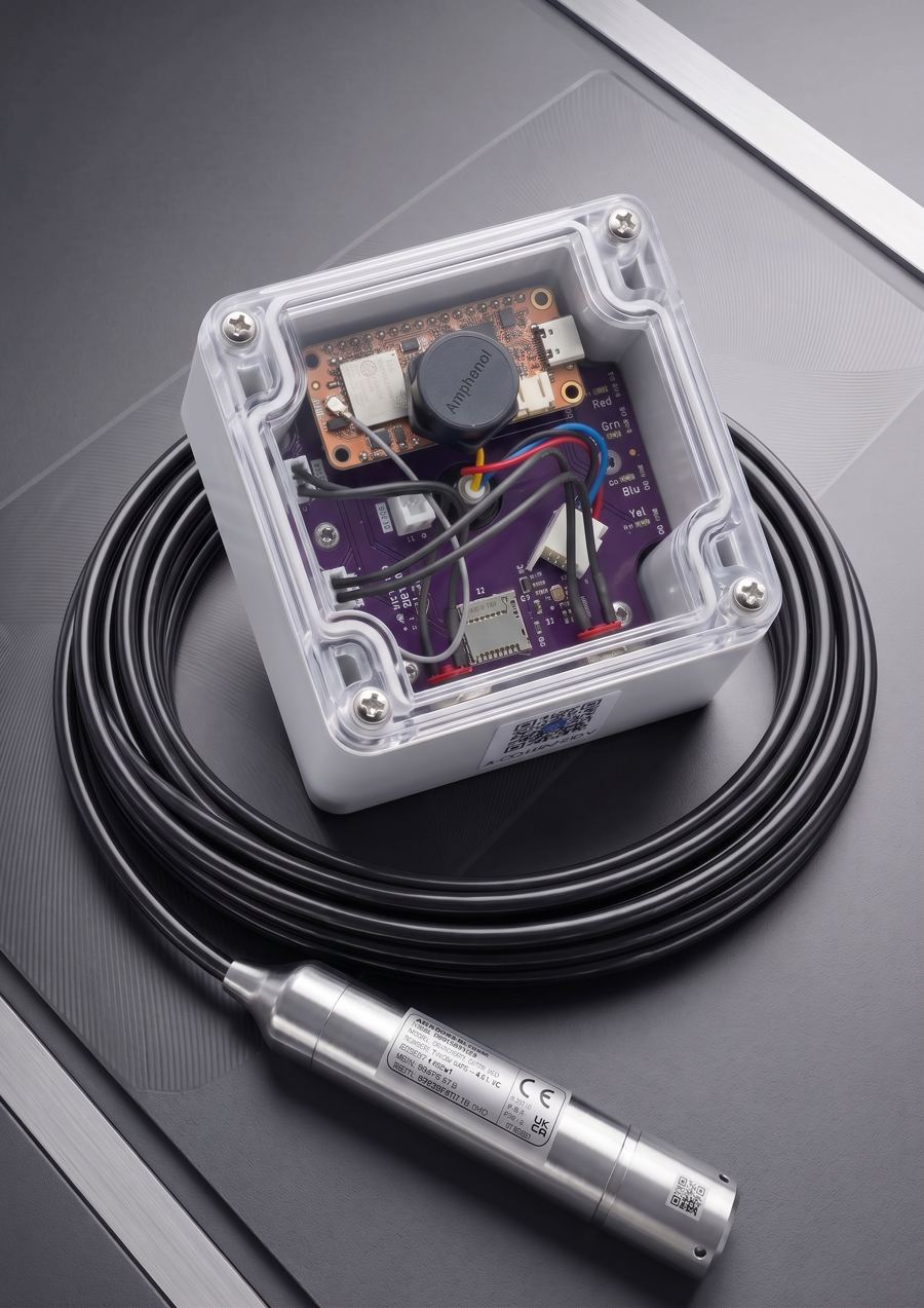 The BluCloud cellular unit in its clear sealed enclosure, with a submersible level probe on a coiled cable
